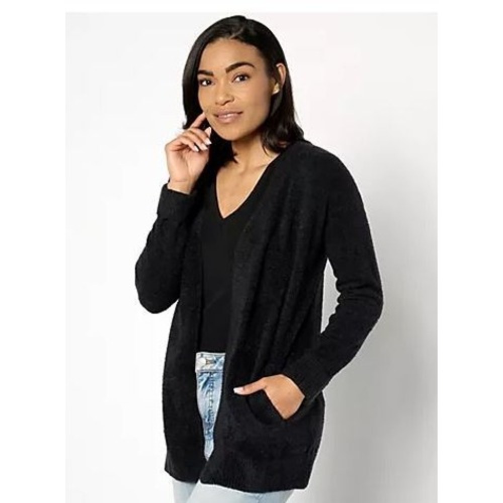 Barefoot Dreams Size XS Cardigan Black CozyChic Lite Knit Ribbed Cuff Coastline